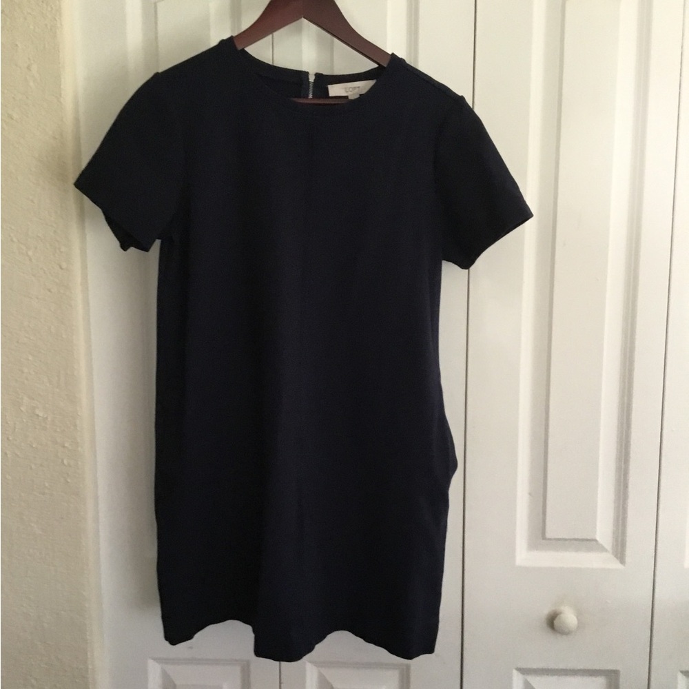 LOFT Navy Short-Sleeve Shift Dress Ponte w/ pockets